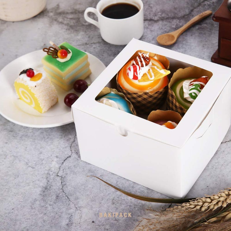BAKIPACK 25 White Bakery Boxes with Window, 6x6x4 Inches Cake Boxes with Window, Treat Boxes for Small Bakery, Dessert, Candy, Cookies, Pastry, Party Favors, Wedding Cake - Image 2